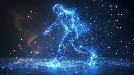 Poster - Dynamic wireframe figure strides through a digital landscape, energy radiating. Motion and innovation blend in this captivating abstract. Abstract Digital low-poly wireframe connected
