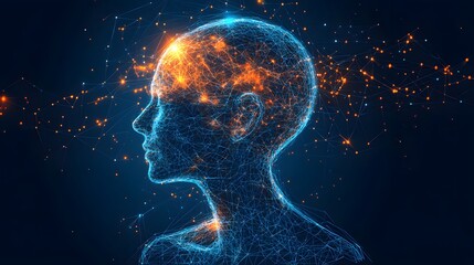 Poster - Futuristic digital representation of the human brain and neural network. Abstract Digital low-poly wireframe connected dots in dark blue