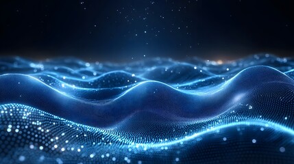 Poster - Futuristic landscape of blue, glowing particles forming ethereal waves under a dark, starry haze. A blend of natural and technological elements. Abstract Digital low-poly wireframe connected
