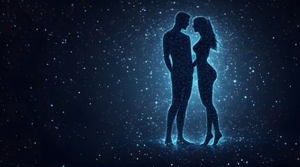 Poster - Digital art showcasing a couple intertwined with glowing lines against a starlit backdrop. Evokes connection and futuristic love. Abstract Digital low-poly wireframe connected dots in dark blue