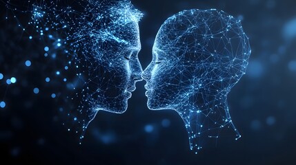 Poster - Interconnected minds. A dissolving silhouette meets a solid form, symbolizing connection and contrast. Abstract Digital low-poly wireframe connected dots in dark blue