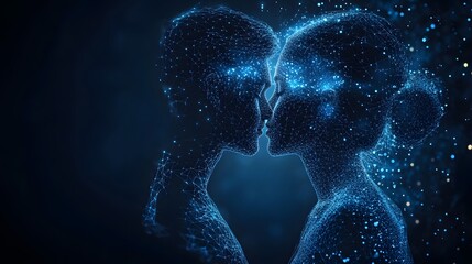 Poster - Interconnected figures glow with tech intimacy against dark blue, showing connection. Ethereal, futuristic bond. Abstract Digital low-poly wireframe connected dots in dark blue.
