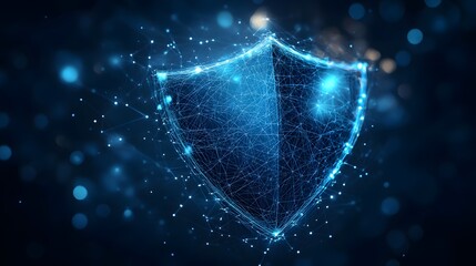 Fototapete - Futuristic digital shield, a secure network of interconnected lines glows against a bokeh background. Perfect for cybersecurity visuals. Abstract Digital low-poly wireframe connected