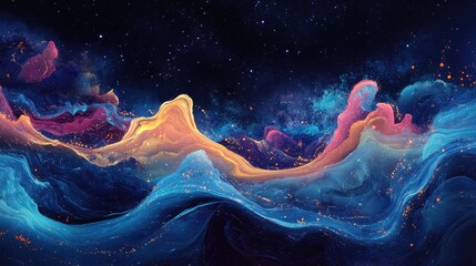 Poster - Ethereal aurora landscape with stardust over cosmic swirling nebulae
