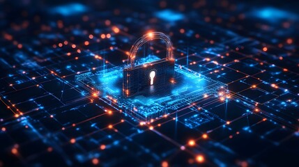 Aufkleber - Futuristic padlock securing digital data on a microchip platform, symbolizing cybersecurity. Intricate network background conveys safety. Abstract Digital low-poly wireframe connected