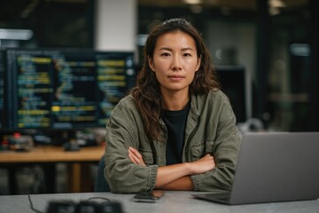 confident woman coder: serious portrait in tech office