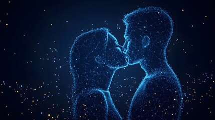 Poster - Digital art showcasing a kissing couple formed by connected blue lines and luminous points against a dark blue backdrop. Abstract Digital low-poly wireframe connected dots in dark blue