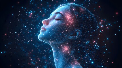 Poster - Stylized digital profile of a woman's head, interconnected with blue and red points. Evokes technology, consciousness, and the mind. Abstract Digital low-poly wireframe connected dots in dark blue.