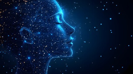 Aufkleber - Futuristic digital profile of a human head crafted from glowing points and blue lines. Represents AI, the digital self, and mental interconnectedness. Abstract Digital low-poly wireframe connected