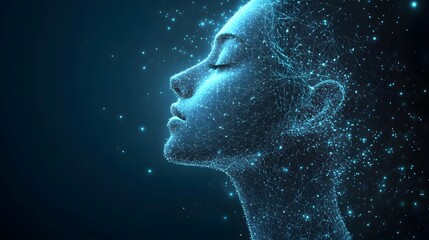 Aufkleber - Serene face of light. A digital portrait, glowing blue in the dark. Peaceful, abstract, and modern. Abstract Digital low-poly wireframe connected dots in dark blue