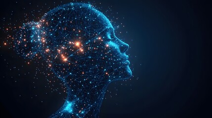Aufkleber - Futuristic profile portrait of a woman constructed from a blue wireframe mesh with glowing orange accents. Abstract Digital low-poly wireframe connected dots in dark blue.