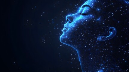 Poster - Serene profile of a glowing blue digital head, eyes closed in contemplation. Futuristic rendering evokes technology and tranquility. Abstract Digital low-poly wireframe connected dots in dark blue