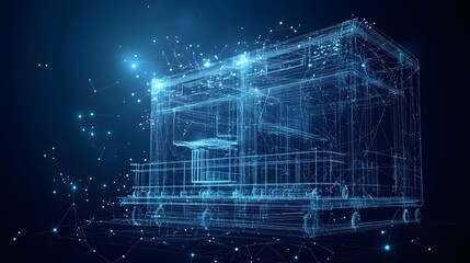 Poster - Detailed blueprint of a futuristic transport vehicle, rendered in blue lines. Showcases structural design and technological network. Abstract Digital low-poly wireframe connected dots in dark blue.