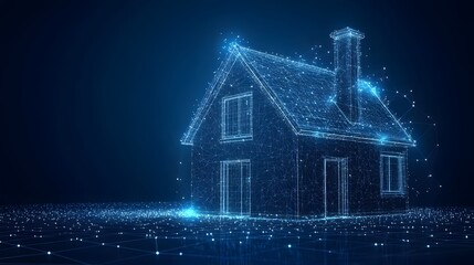 Poster - Futuristic house blueprint rendered in glowing blue lines. Represents a smart home concept. Abstract Digital low-poly wireframe connected dots in dark blue.