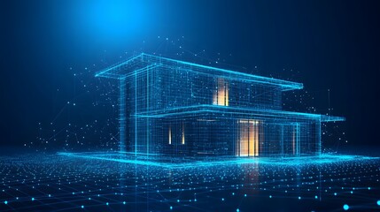 Fototapete - Digital blueprint of a two-story house in virtual space. Wireframe structure on grid. Architecture design visualization. Abstract Digital low-poly wireframe connected dots in dark blue