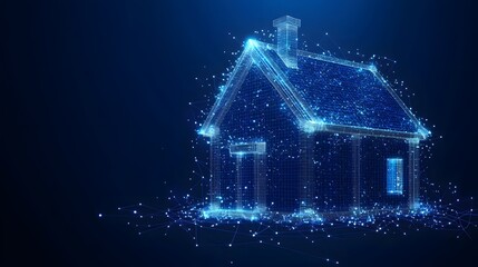 Aufkleber - Futuristic house concept glowing with interconnected lines. A digital architectural marvel linking to a vast network. Abstract Digital low-poly wireframe connected dots in dark blue