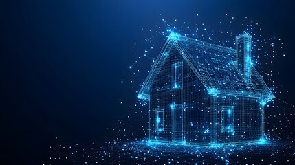 Fototapete - Futuristic home concept with glowing lines. Abstract Digital low-poly wireframe connected dots in dark blue.