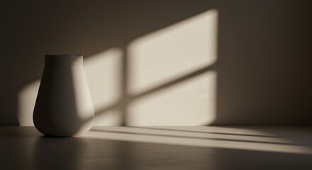 Poster - A white vase sits on a table in front of a window, casting a shadow on the floor
