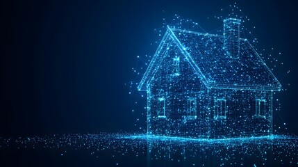 Poster - Futuristic blue house rendered with interconnected dots and lines against a dark blue backdrop. Abstract Digital low-poly wireframe connected dots in dark blue