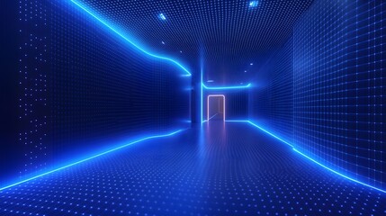 Fototapete - Futuristic hallway with blue neon grid and pink doorway. High-tech virtual reality or computer-generated scene. Abstract Digital low-poly wireframe connected dots in dark blue