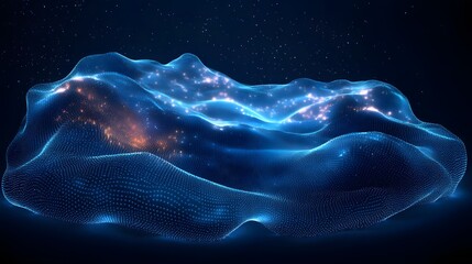 Poster - Digital landscape of blue dots, reminiscent of a terrain map, with glowing orange accents against a dark starry background. Abstract Digital low-poly wireframe connected dots in dark blue.