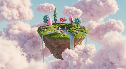 Poster - A small island with a waterfall and trees in the sky