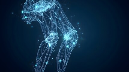 Poster - A futuristic, low-poly wireframe human figure squats against a dark blue gradient backdrop. Suggesting technology, exercise, or modern design. Abstract Digital low-poly wireframe connected