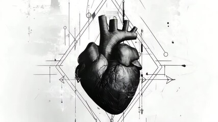 Poster - Black and White Artistic Heart Illustration with Geometric Elements