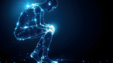 Aufkleber - A contemplative digital figure rendered in a blue wireframe, illuminated against a dark backdrop, evokes deep thought and technological connection. Abstract Digital low-poly wireframe connected