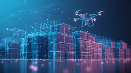 Aufkleber - Futuristic network with wireframe drones and containers, data flowing across a reflective surface in blue and pink, creating a modern tech vibe. Abstract Digital low-poly wireframe connected