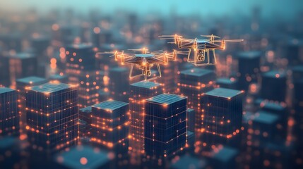 Aufkleber - Futuristic drones patrol a glowing city, bathed in blue and orange hues. A high-tech dreamscape. Abstract Digital low-poly wireframe connected dots in dark blue.