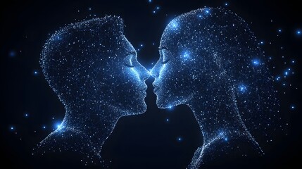 Poster - Digital figures meet in a display of connection, noses almost touching. A futuristic, intimate moment captured with interconnected dots and lines. Abstract Digital low-poly wireframe connected dots
