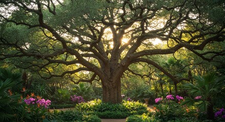 Poster - A large tree with a lot of leaves and flowers surrounding it