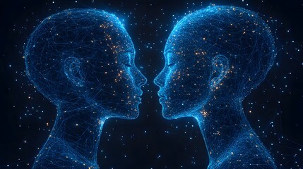Aufkleber - Stylized human heads connect in a glowing, futuristic interface. Wireframe design with orange orbs against a dark blue backdrop. Abstract Digital low-poly wireframe connected dots in dark blue