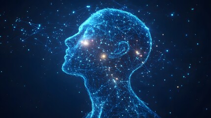 Fototapete - Futuristic digital human head. Artificial intelligence, neuroscience concept. Connectivity emphasized. Abstract Digital low-poly wireframe connected dots in dark blue.