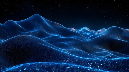 Poster - Futuristic landscape of luminous blue hills under a star-strewn sky. Golden particles add depth. Abstract Digital low-poly wireframe connected dots in dark blue.