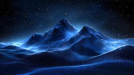 Poster - Ethereal mountains glow under a starlit sky. Blue mesh mountains create a dreamlike digital landscape. Abstract Digital low-poly wireframe connected dots in dark blue