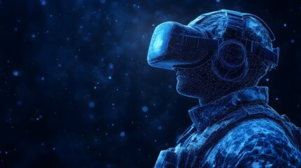 Poster - Futuristic VR user immersed in digital world. Abstract Digital low-poly wireframe connected dots in dark blue.