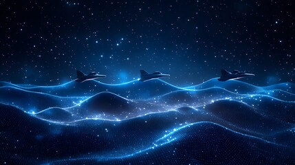 Poster - Night scene with digital airplanes flying over futuristic blue mesh hills under a starry sky. Abstract Digital low-poly wireframe connected dots in dark blue