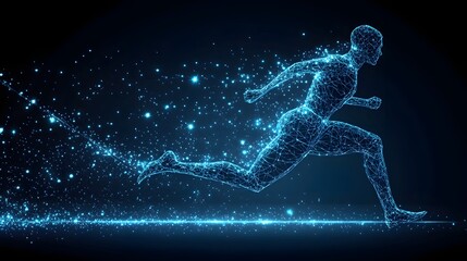 Poster - Dynamic runner depicted in a vibrant blue wireframe, propelled by a trail of light against a dark backdrop, symbolizing speed and technological advancement. Abstract Digital low-poly wireframe
