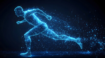 Poster - Futuristic runner concept. A dynamic, abstract figure comprised of blue dots and lines sprints forward. Expresses speed and energy. Abstract Digital low-poly wireframe connected dots in dark blue