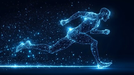 Aufkleber - Dynamic digital runner, energized, glowing form in motion. A vibrant display of technology and athleticism. Abstract Digital low-poly wireframe connected dots in dark blue