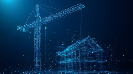 Aufkleber - Futuristic construction concept featuring a glowing blue crane and building frame. Modern infrastructure and technology visualization. Abstract Digital low-poly wireframe connected dots in dark blue.