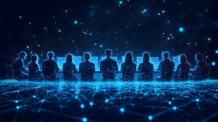 Aufkleber - Futuristic digital workspace with glowing figures at computers, interconnected by a blue network grid. Abstract Digital low-poly wireframe connected dots in dark blue
