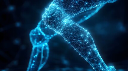 Leinwandbilder - Futuristic glowing blue legs in a dark void. Abstract Digital low-poly wireframe connected dots in dark blue