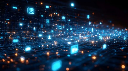 Aufkleber - Digital network visualization featuring interconnected icons and data points within a blue grid system. Abstract Digital low-poly wireframe connected dots in dark blue.