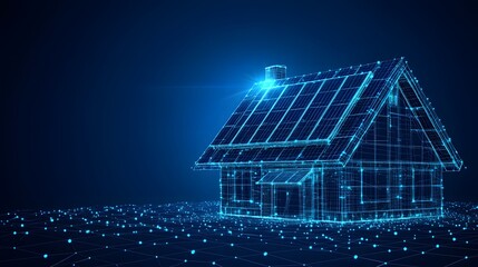 Aufkleber - Futuristic home with solar panels depicted in a glowing blue wireframe against a dark blue backdrop. A symbol of sustainable living. Abstract Digital low-poly wireframe connected dots in dark blue.
