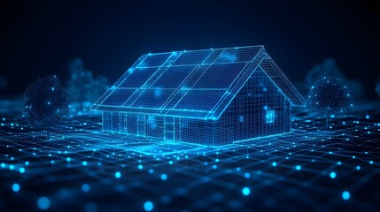 Poster - Futuristic digital house with solar panels and blue wireframe design. High-tech scene emphasizing renewable energy and smart home technology. Abstract Digital low-poly wireframe connected 
