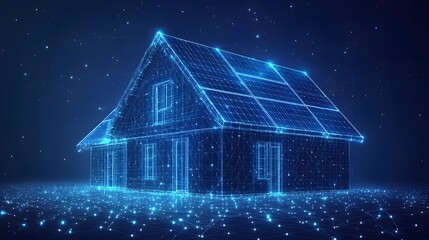 Poster - Futuristic house design showcasing sustainable living with solar panels. A modern, eco-friendly home concept. Abstract Digital low-poly wireframe connected dots in dark blue
