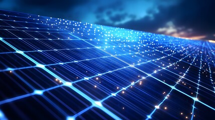 Aufkleber - Close-up view of a solar panel showcasing its cell structure and energy production, set against a blurred, colorful sky. Abstract Digital low-poly wireframe connected dots in dark blue